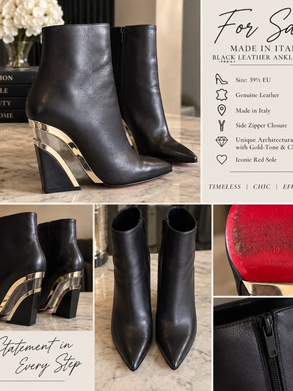 Christian Louboutin Black Leather Ankle Boots with Gold-Tone Architectural Heel
